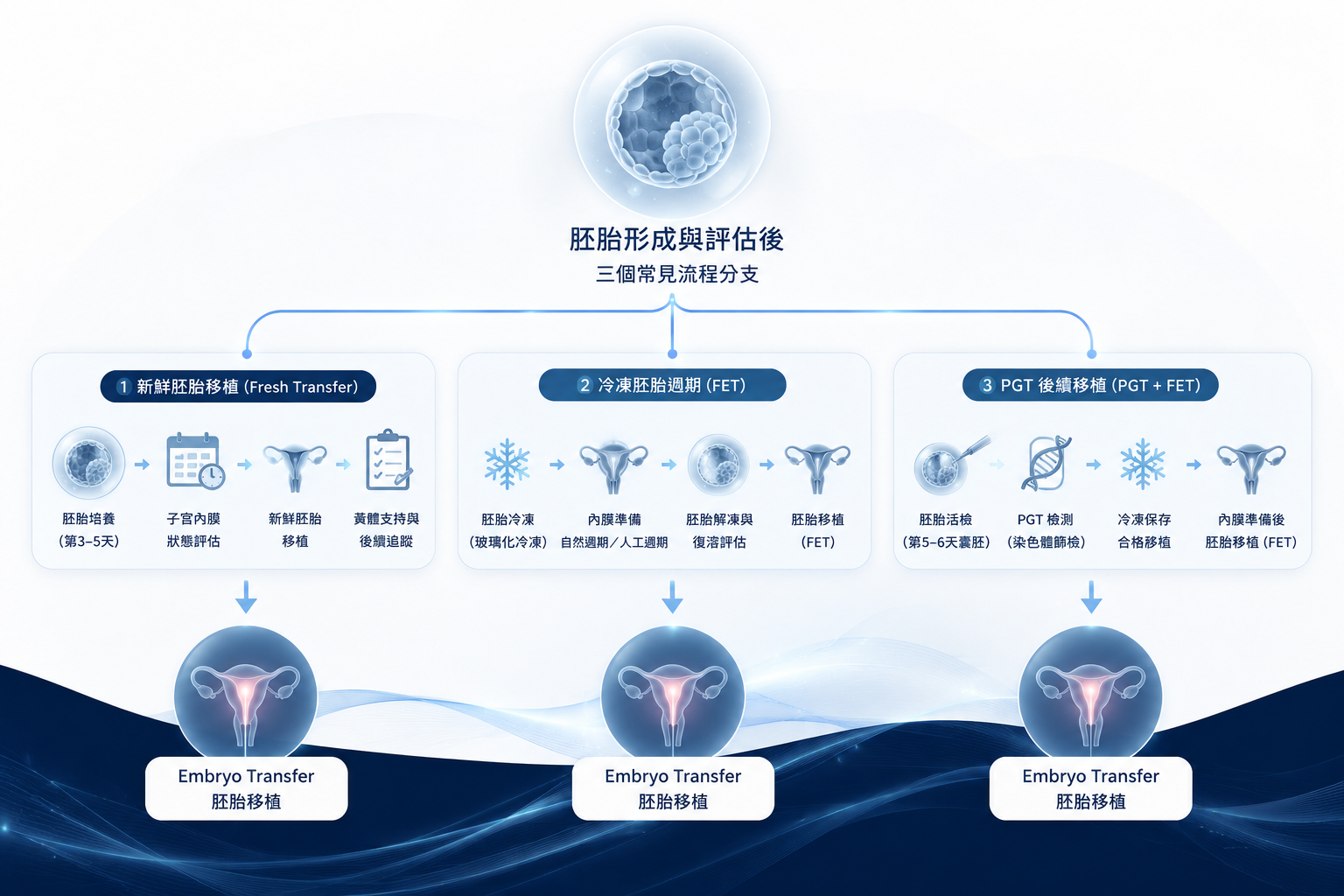 胚胎形成後 Fresh Transfer、FET 與 PGT 三種常見流程分支示意圖