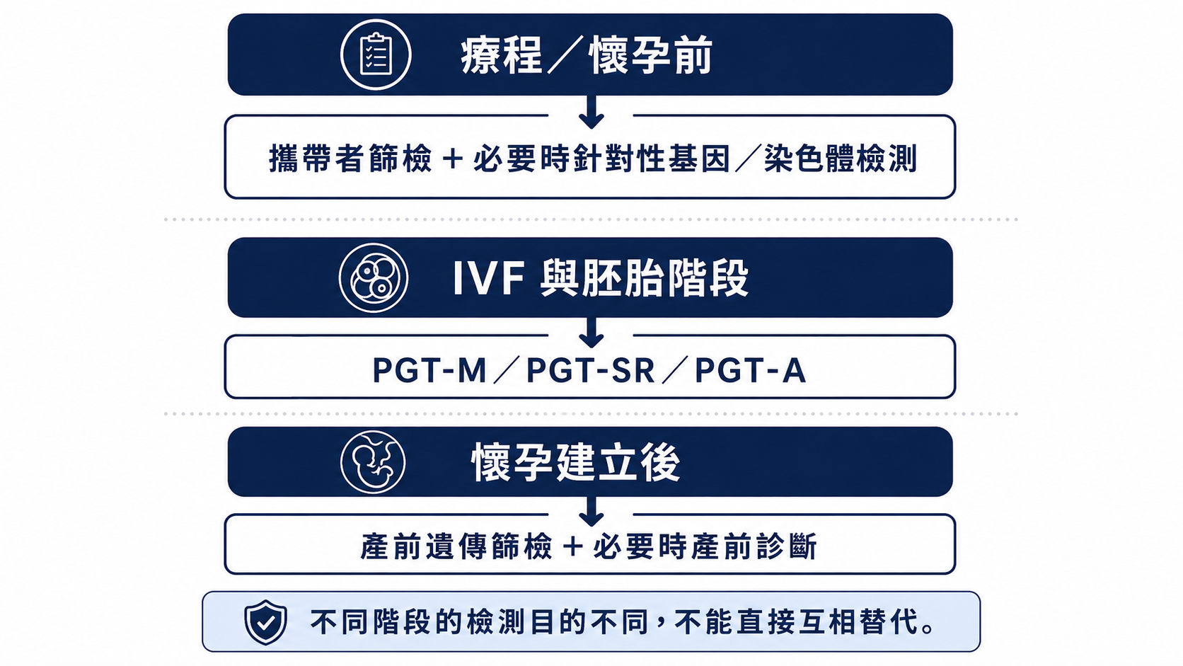 生殖流程中療程前、IVF 胚胎階段與懷孕後的基因檢測時間軸