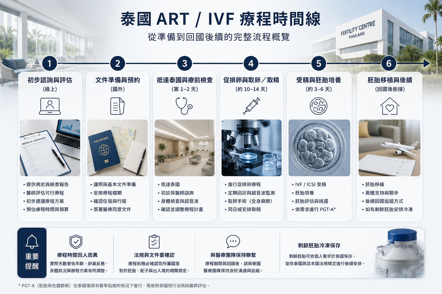 泰國 ART 與 IVF 從初步諮詢、文件準備、促排取卵、胚胎培養到移植與回國追蹤的療程時間線